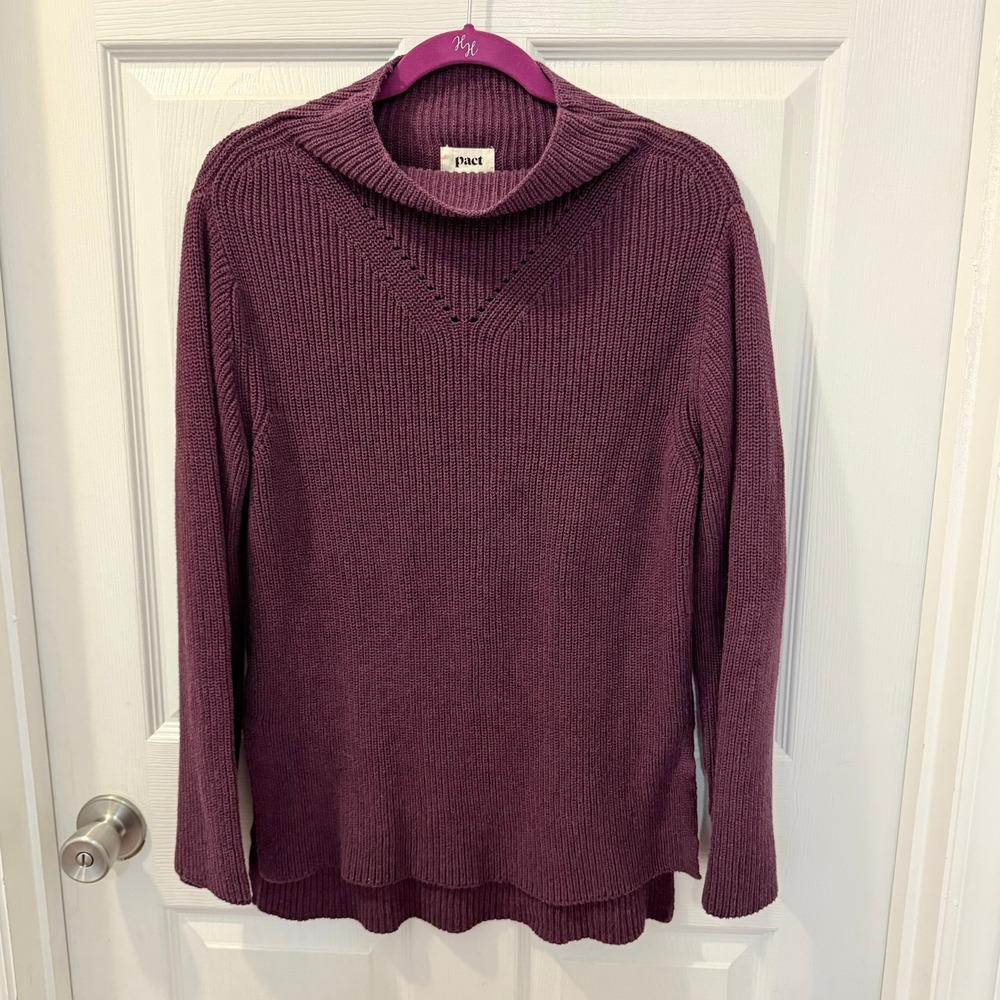 Pact Organic Cotton Size S Women's Fisherman Knit Tunic Sweater Mock Neck Purple